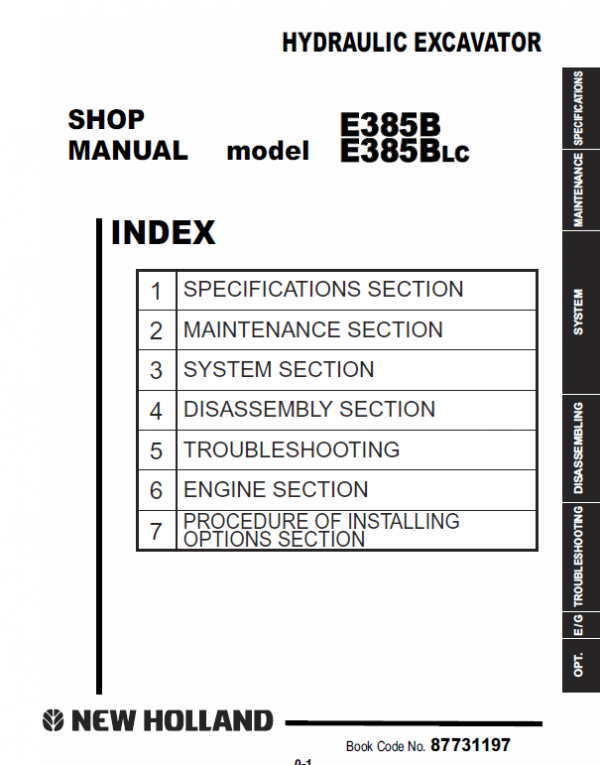 New Holland E385b, E385blc Excavator Service Manual