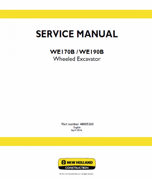 New Holland We170b, We190b Wheeled Excavator Service Manual