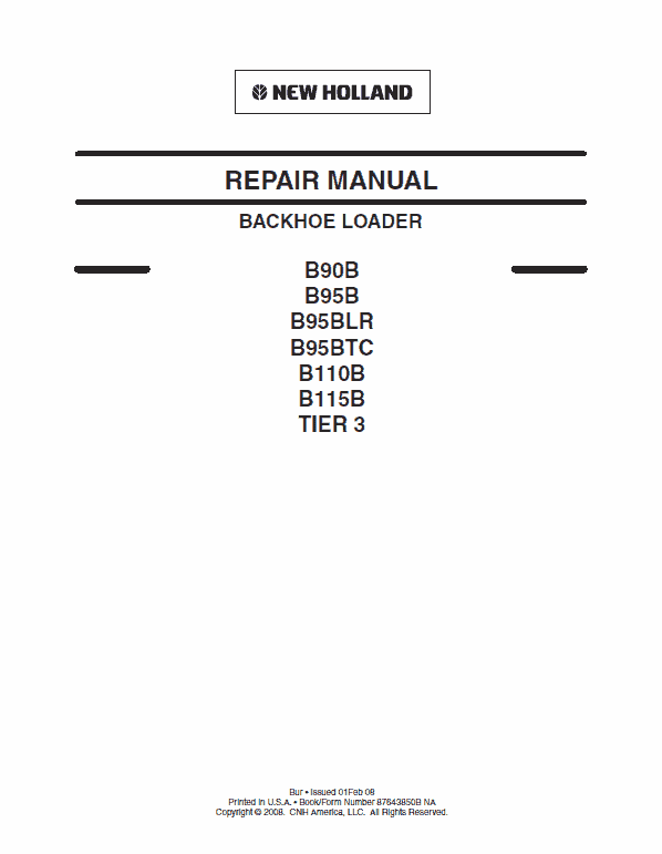 New Holland B90b, B95b, B95 Blr, B95 Tc Backhoe Loader Service Manual