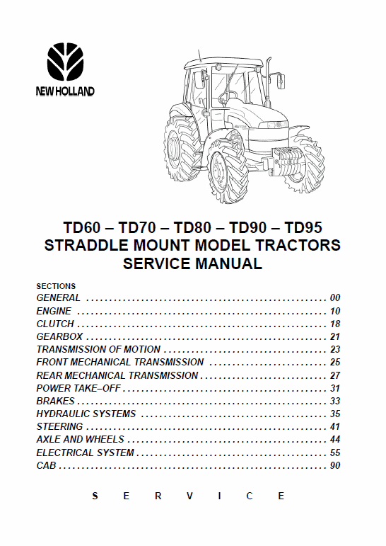 New Holland Straddle Td60, Td70, Td80, Td90, Td95 Tractor Service Manual