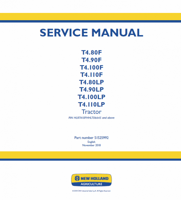 New Holland T4.80f, T4.90f, T4.100f, T4.110f Tractor Service Manual