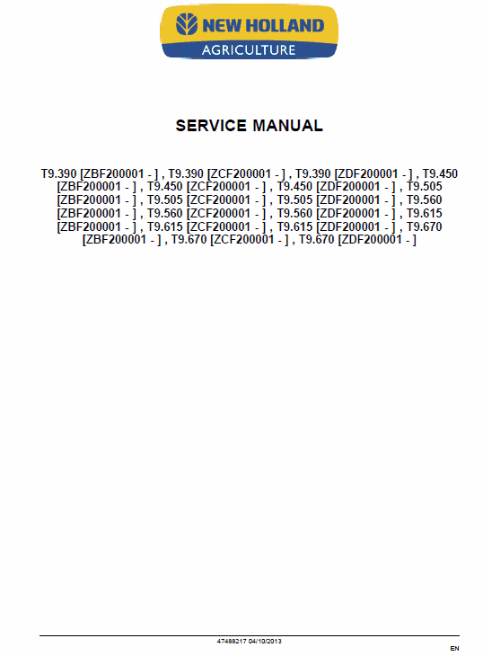 New Holland T9.390, T9.450, T9.505 Tractor Service Manual