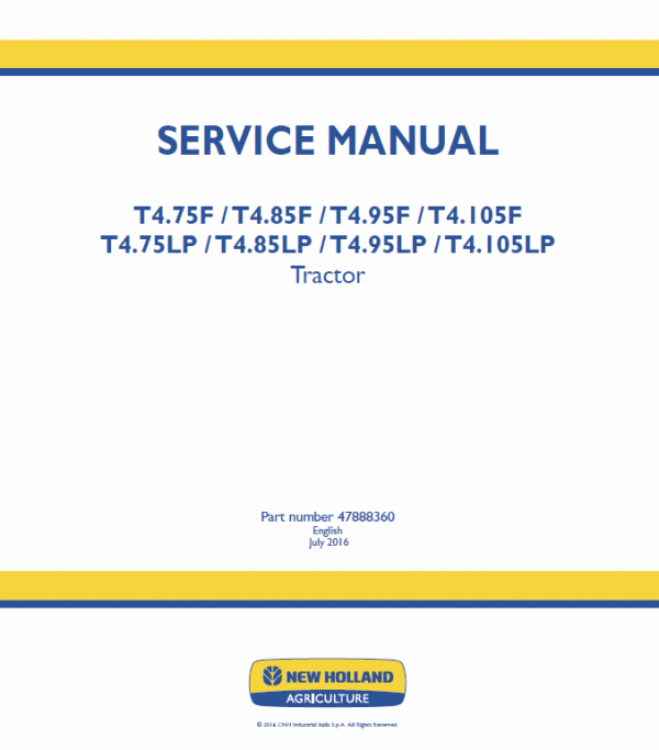 New Holland T4.75lp, T4.85lp, T4.95lp, T4.105lp Tractor Service Manual