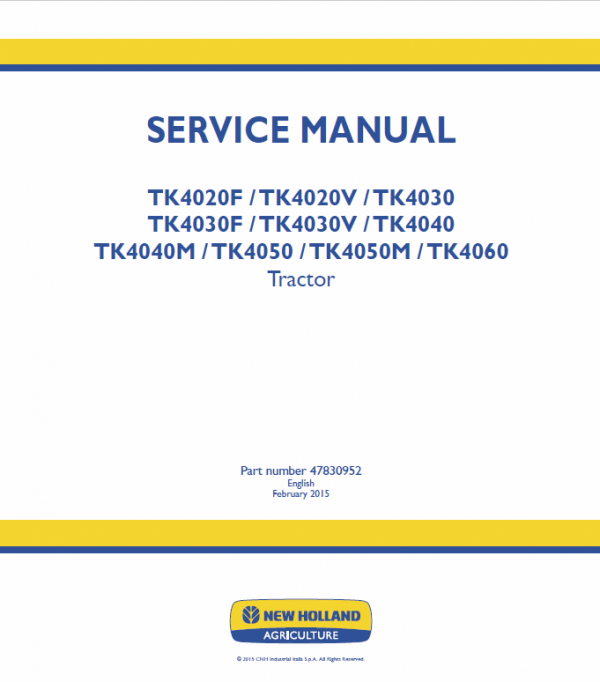 New Holland Tk4020f, Tk4020v, Tk4030, Tk4040, Tk4040m Tractor Manual