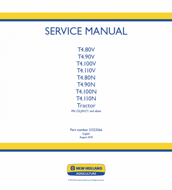 New Holland T4.80v, T4.90v, T4.100v, T4.110v Tractor Service Manual