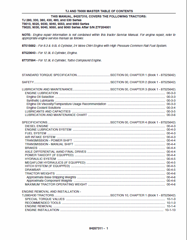 New Holland Tj280, Tj330, Tj430, Tj480, Tj530 Tractor Service Manual