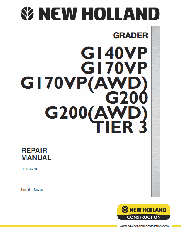 New Holland G140vp, G170vp, G200 Motor Grader Service Manual