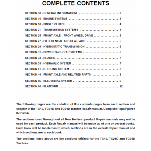 New Holland Tc18, Tc18d, Tc21d, Td24d Tractor Service Manual