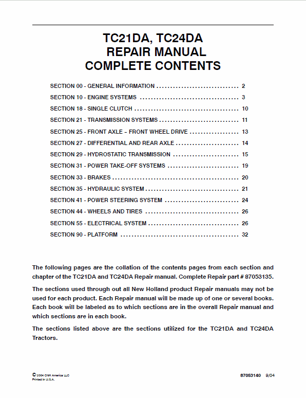 New Holland Tc21da, Tc24da Tractor Service Manual