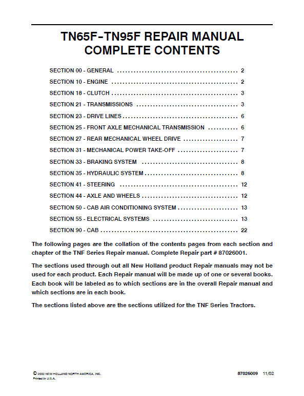 New Holland Tn65f, Tn70f, Tn75f Tractor Service Manual