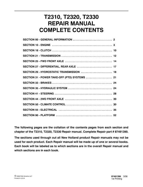 New Holland T2310, T2320, T2330 Tractor Service Manual