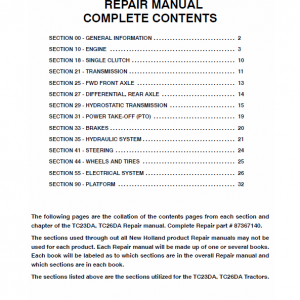 New Holland Tc23da, Tc26da Tractor Service Manual