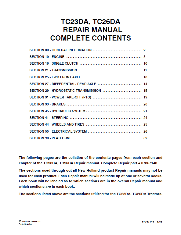 New Holland Tc23da, Tc26da Tractor Service Manual