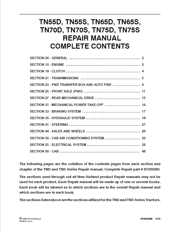 New Holland Tn55s, Tn65s, Tn70s, Tn75s Tractor Service Manual