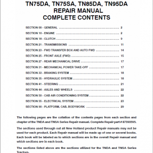 New Holland Tn60da, Tn70da, Tn75da, Tn85da, Tn95da Tractor Manual