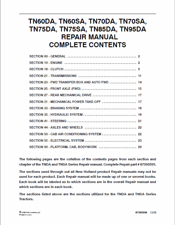 New Holland Tn60da, Tn70da, Tn75da, Tn85da, Tn95da Tractor Manual