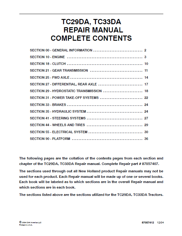 New Holland Tc29da, Tc33da Tractor Service Manual