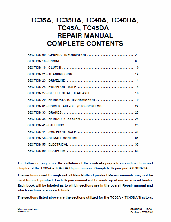 New Holland Tc35a, Tc35da, Tc40a Tractor Service Manual