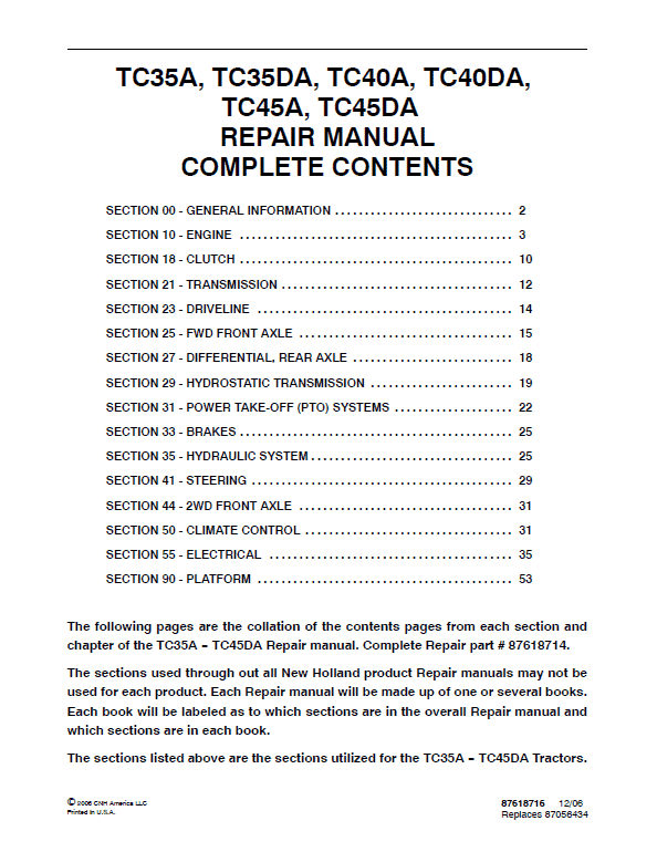 New Holland Tc40da, Tc45a, Tc45da Tractor Service Manual