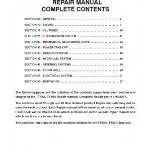 New Holland Tt45a, Tt50a Tractor Service Manual