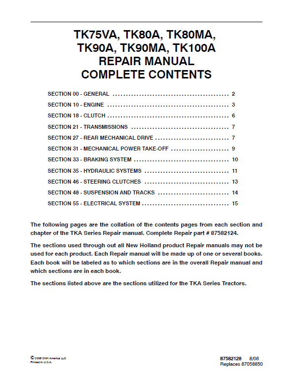 New Holland Tk90a, Tk90ma, Tk100a Tractor Service Manual