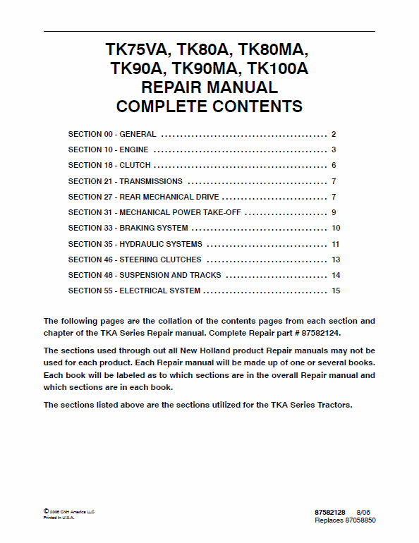 New Holland Tk75va, Tk80a, Tk80ma Tractor Service Manual