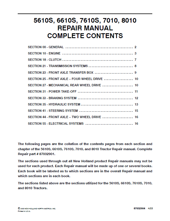 New Holland 5610s, 6610s, 7610s, 7010 Tractor Service Manual