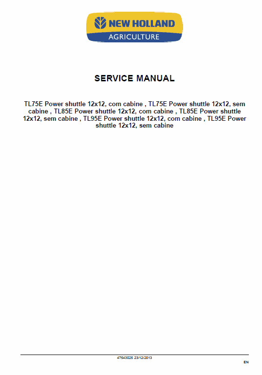 New Holland Tl60e, T75e, Tl85e, Tl95e Tractor Service Manual