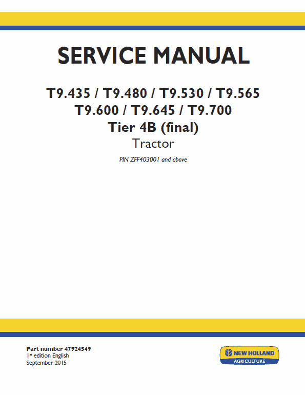 New Holland T9.435, T9.480, T9.530, T9.565 Tractor Service Manual