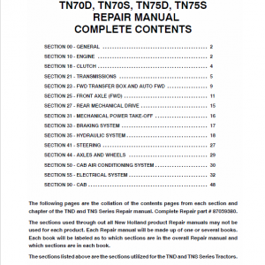 New Holland Tn55d, Tn65d, Tn70d, Tn75d Tractor Service Manual