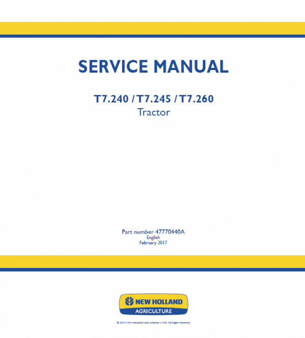 New Holland T7.230, T7.240, T7.245, T7.260, T7.270 Tractor Service Manual