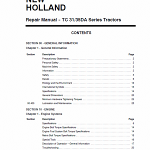 New Holland Tc31, Tc35, Tc40, Tc45 Tractor Service Manual