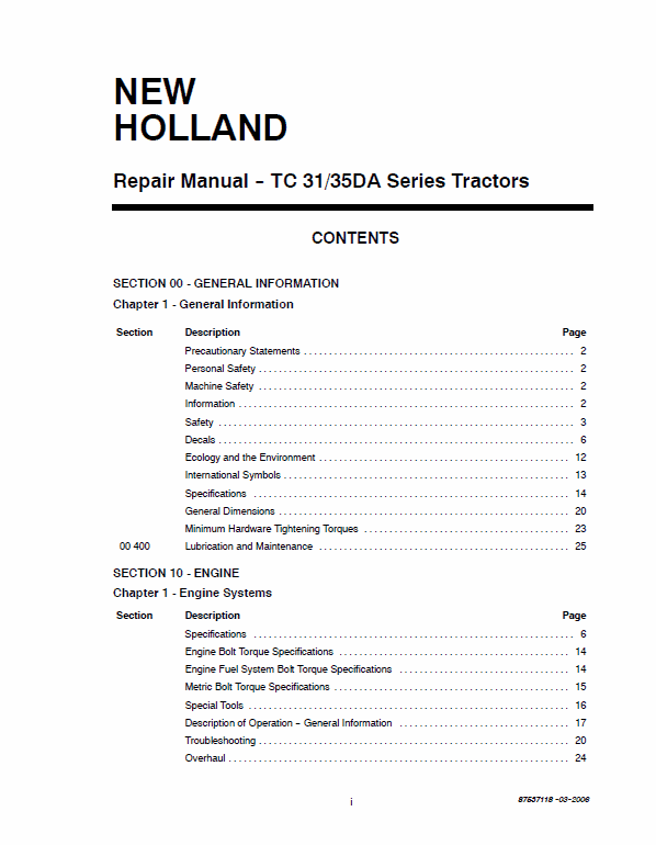 New Holland Tc31, Tc35, Tc40, Tc45 Tractor Service Manual