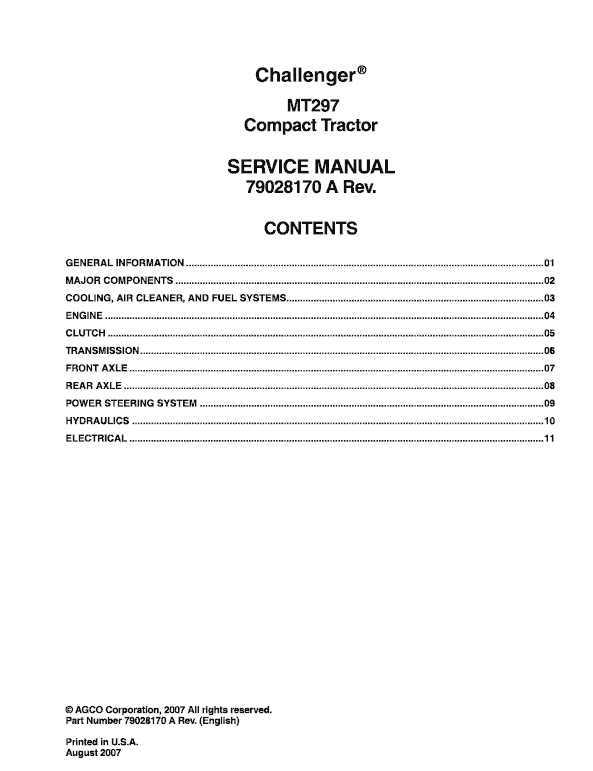 Challenger MT297 Tractor Service Manual