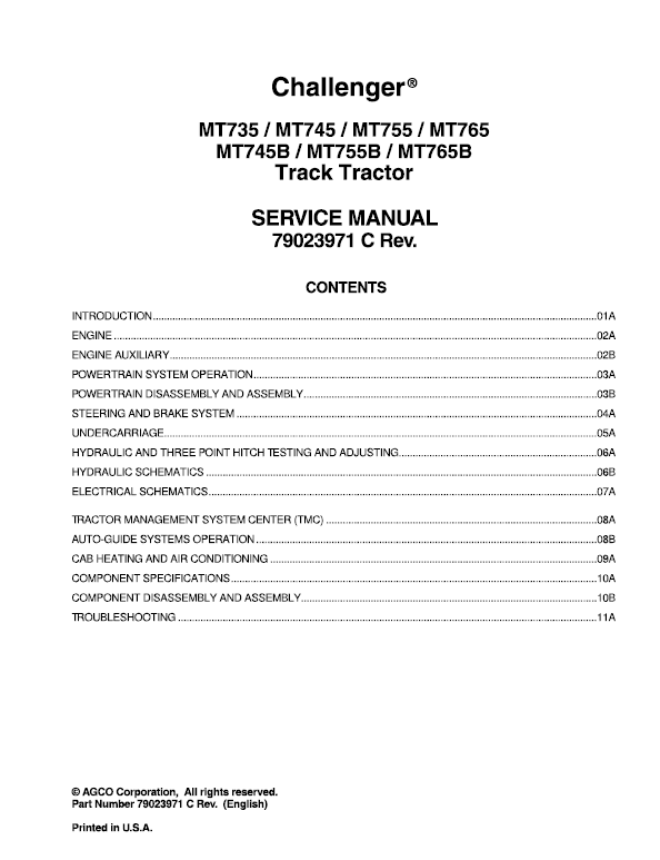 Challenger MT735, MT745, MT755, MT765 Tractor Service Manual