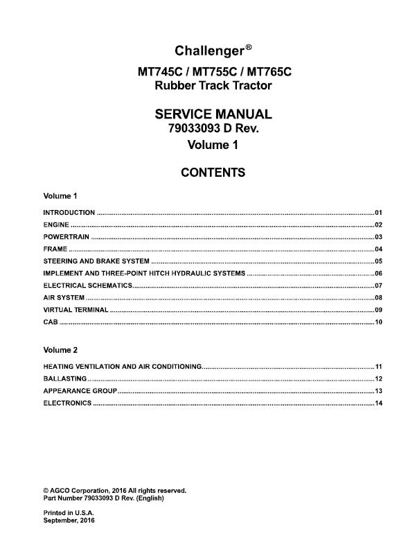 Challenger MT745C, MT755C, MT765C Tractor Service Manual