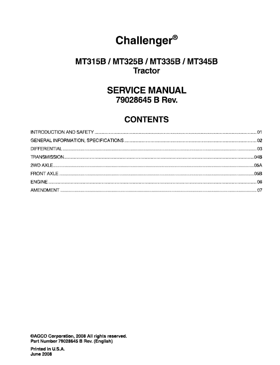 Challenger MT315B, MT325B, MT335B, MT345B Tractor Manual