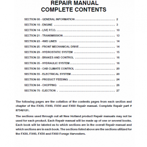 New Holland FX30, FX40, FX50, FX60 Forage Harvesters Service Manual