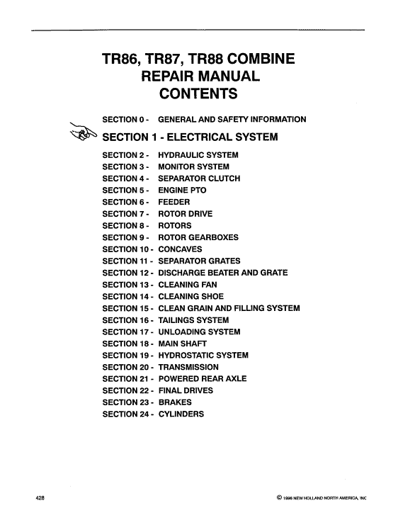 New Holland TR86, TR87, TR88 Combine Repair Manual