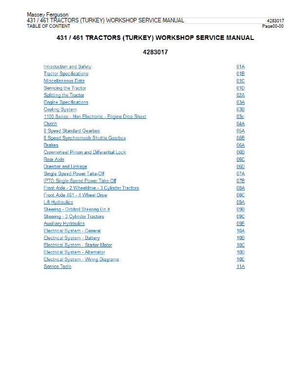 Massey Ferguson 431, 461 Tractors Service Manual