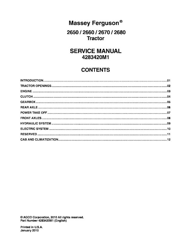 Massey Ferguson 2650, 2660, 2670, 2680 Tractor Service Manual