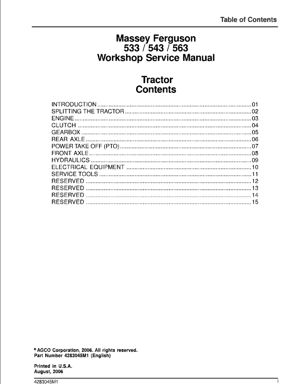 Massey Ferguson 533, 543, 563 Tractor Service Manual