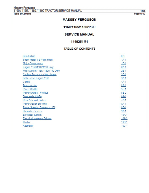 Massey Ferguson 1160, 1165, 1180, 1190 Tractor Service Manual