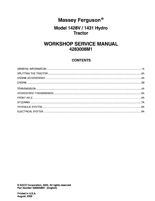 Massey Ferguson 1428V, 1431 Tractor Service Manual