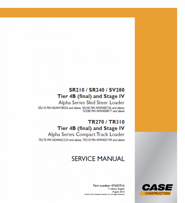 Case SR210, SR240, SV280 SkidSteer Service Manual