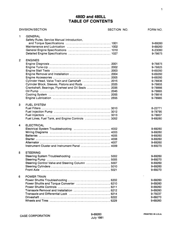 Case 480D, 480LL Loader Service Manual