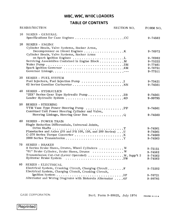 Case 8C, W9C, W10C Loaders Service Manual