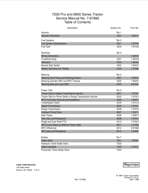 Case 7210, 7220, 7240, 7250 Pro Series Tractor Service Manual