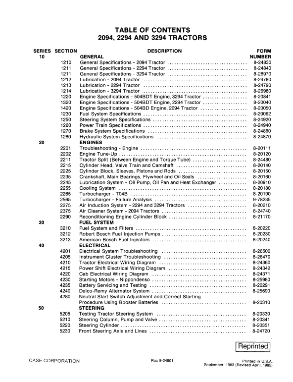 Case 2094, 2294, 3294 Tractor Service Manual