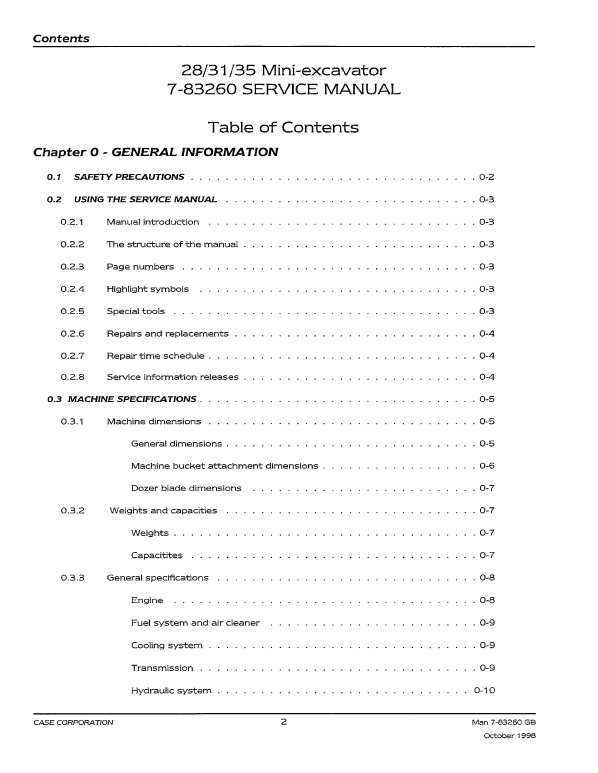 Case 21, 31, 35 Mini-Excavator Service Manual